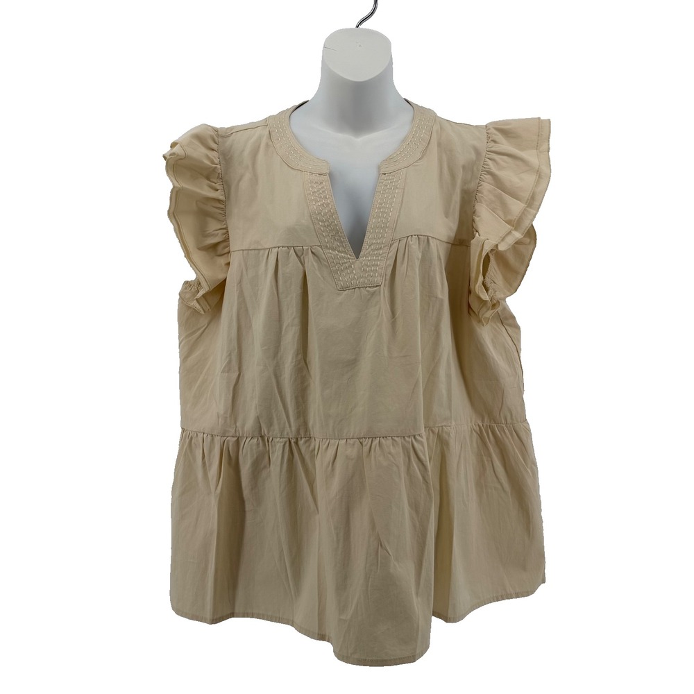 Easel Los Angeles Babydoll Tunic Top Women's Ruffle Sleeve Cotton Beige 1X NWT